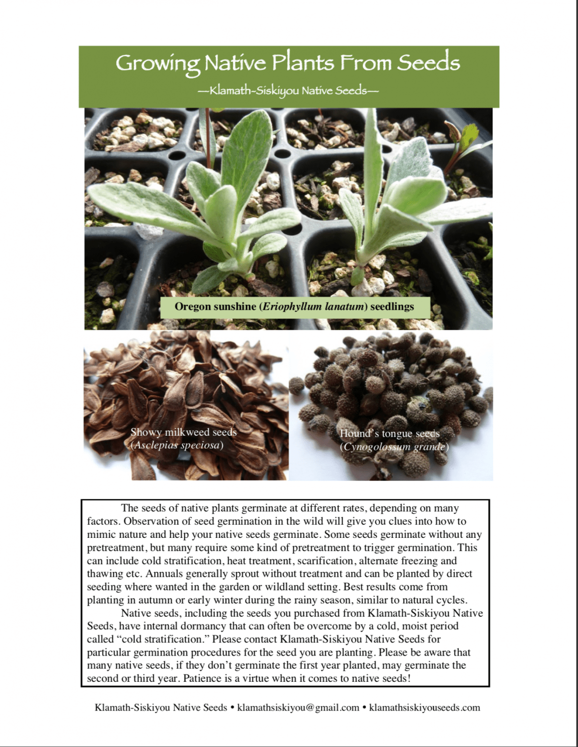 Seed Germination and Propagation Reference Guide Klamath Siskiyou